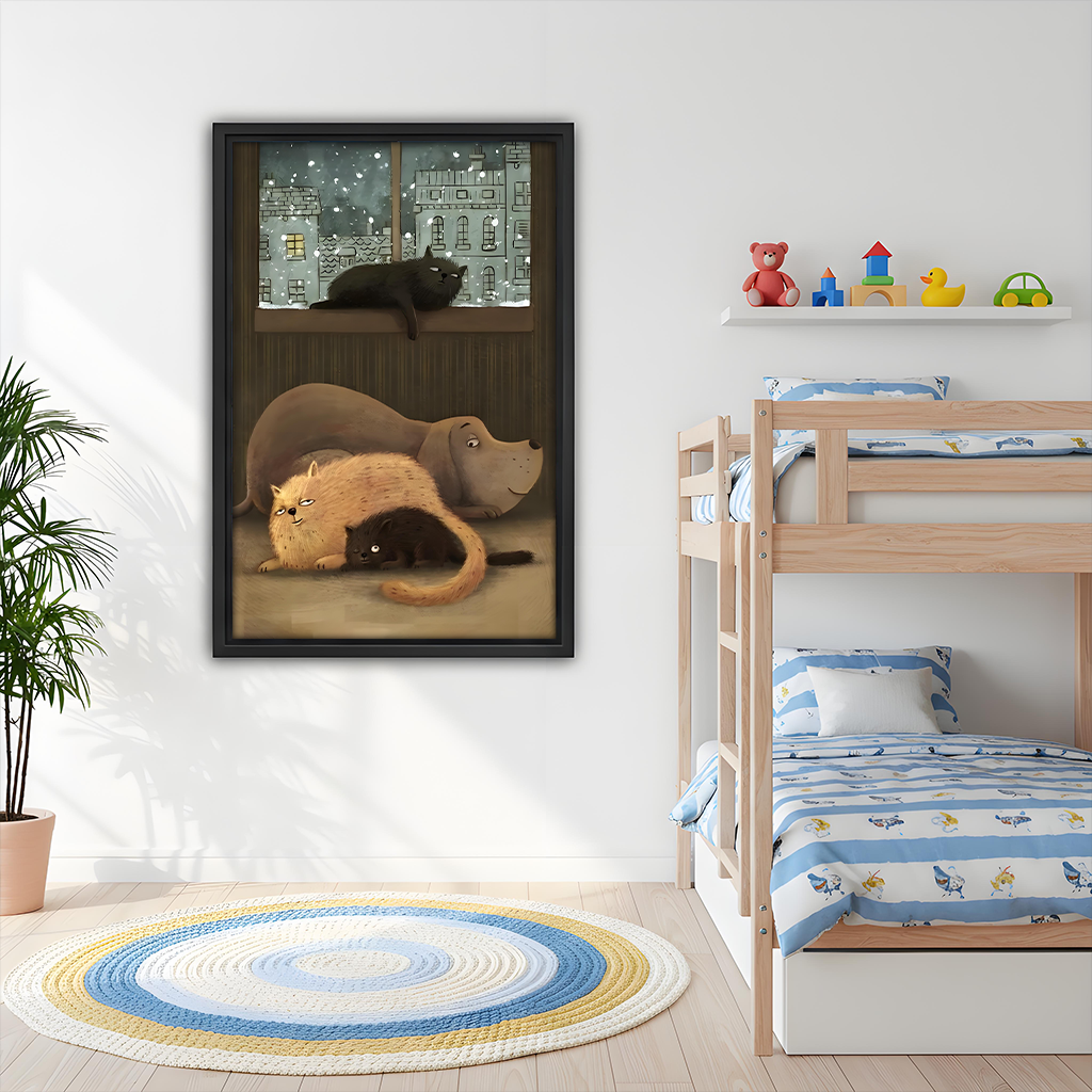 Cozy winter cats dog snowy window framed wall art in kids bedroom, whimsical animal nursery decor