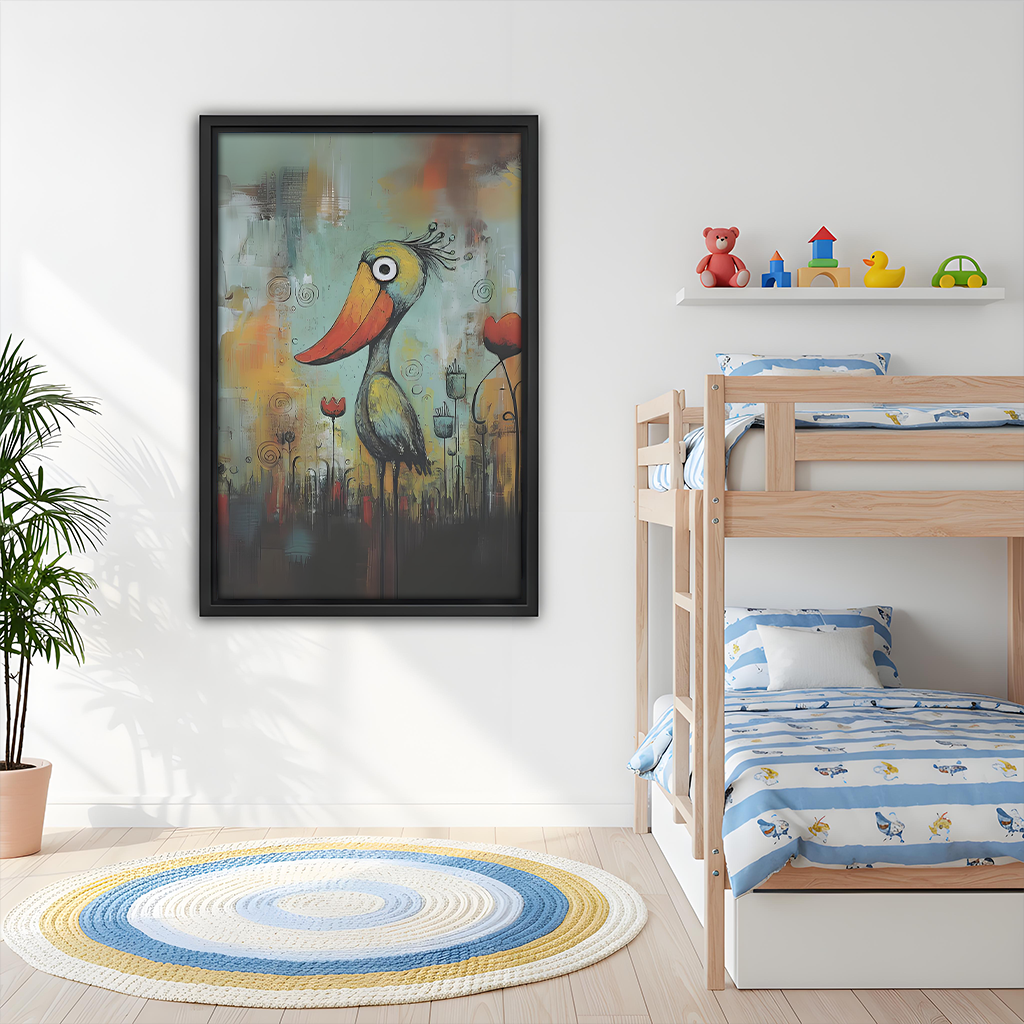 Whimsical colorful bird abstract framed wall art in kids bedroom above bunk bed, playful decor