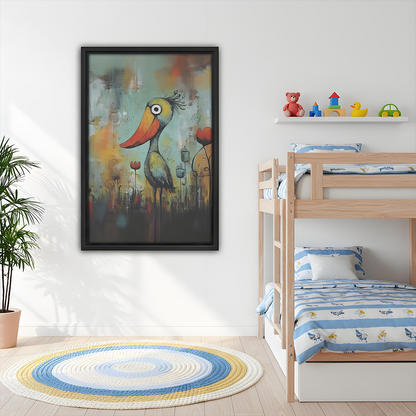 Whimsical colorful bird abstract framed wall art in kids bedroom above bunk bed, playful decor