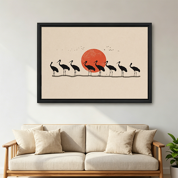 Japanese Crane Red Sun Framed Wall Art Print Above Sofa Living Room Decor