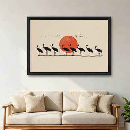 Japanese Crane Red Sun Framed Wall Art Print Above Sofa Living Room Decor