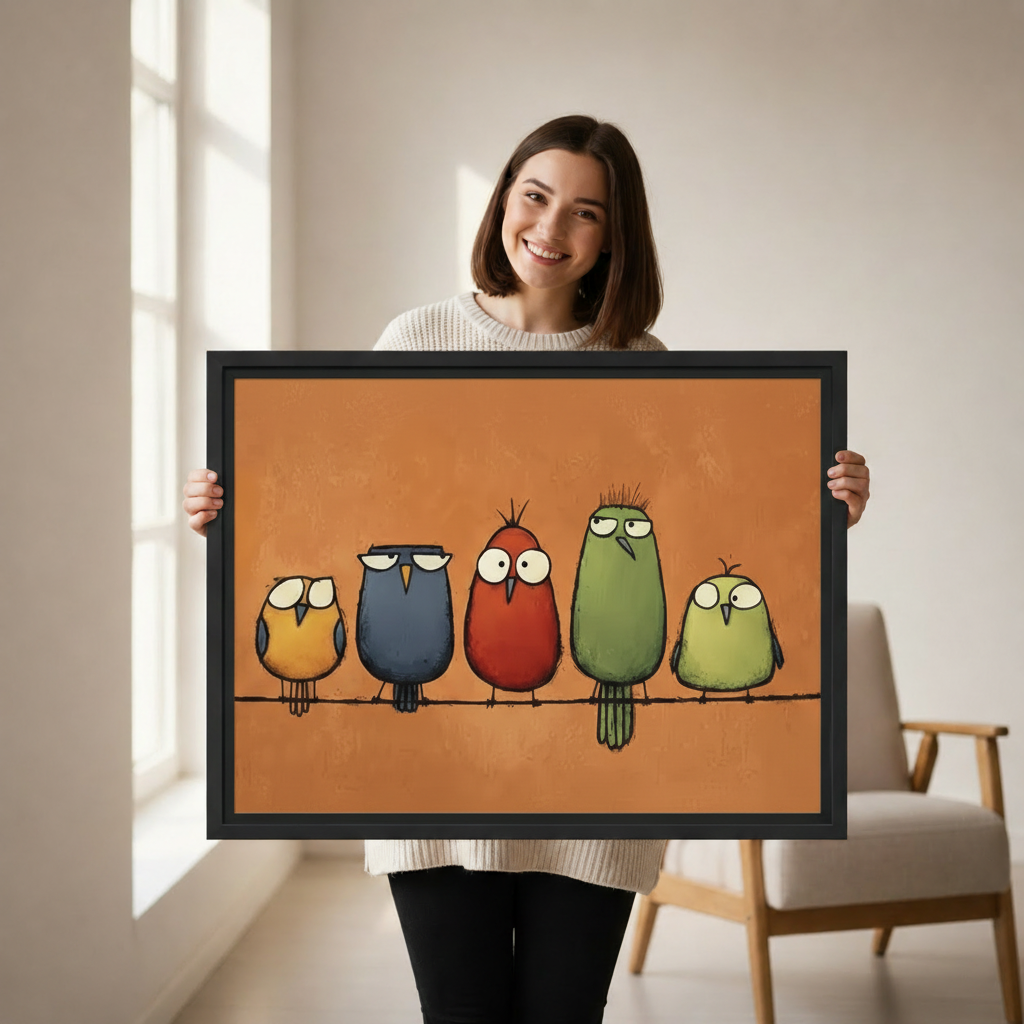 Quirky Bird Wall Art Framed Canvas Print - Whimsical Home Decor Gift Idea