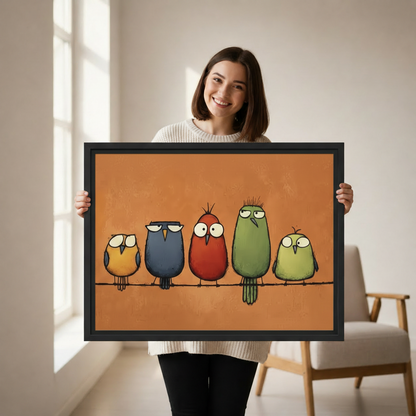 Quirky Bird Wall Art Framed Canvas Print - Whimsical Home Decor Gift Idea