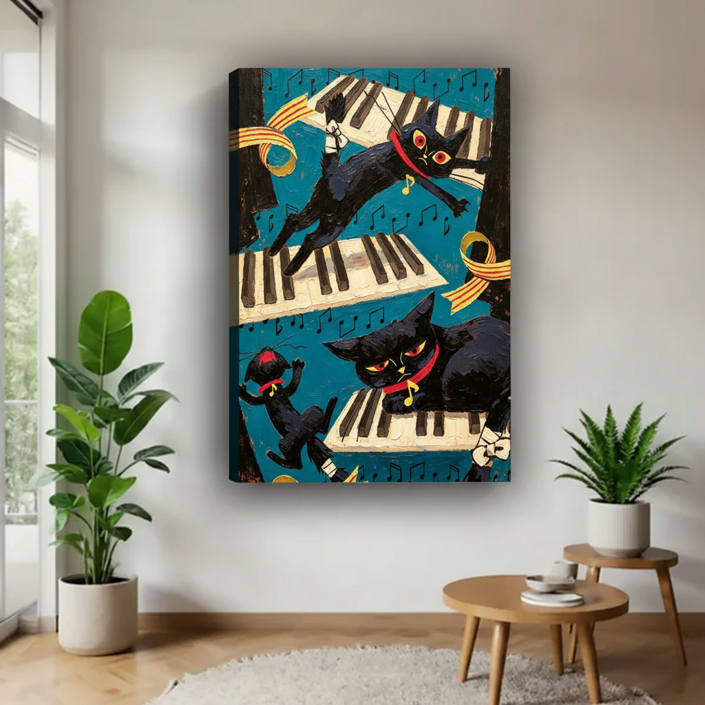 Black cat piano jazz gallery wrap canvas wall art no frame above side table, three bold cats leaping on keyboard music home decor