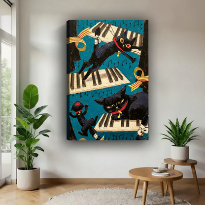 Black cat piano jazz gallery wrap canvas wall art no frame above side table, three bold cats leaping on keyboard music home decor