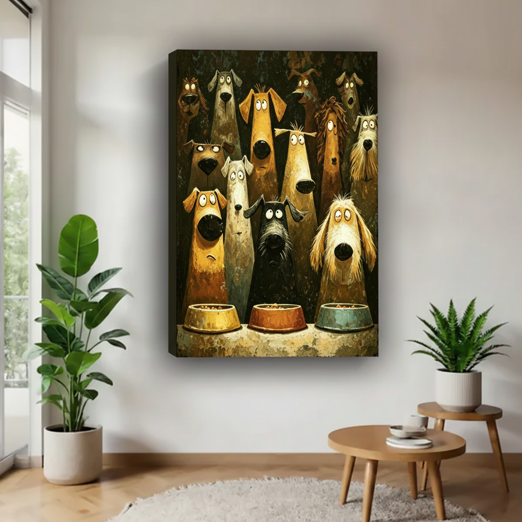 Funny cartoon dogs waiting food gallery wrap canvas wall art no frame above side table, whimsical oil painting twelve dogs staring at bowls home decor