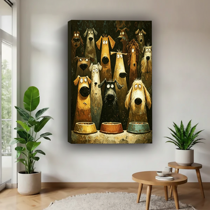 Funny cartoon dogs waiting food gallery wrap canvas wall art no frame above side table, whimsical oil painting twelve dogs staring at bowls home decor