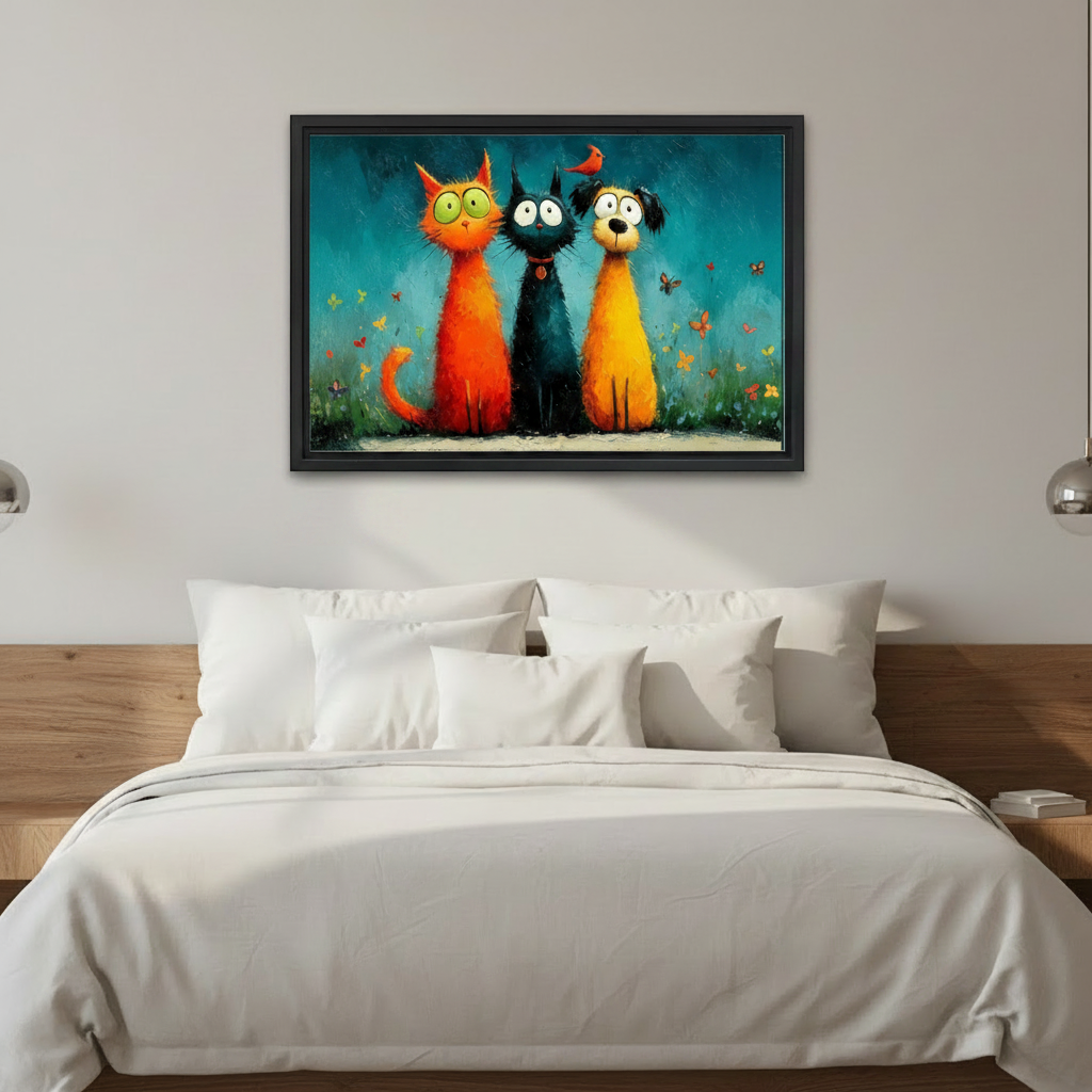 Whimsical cat dog trio framed wall art above white bed, teal oil-style pet print, black frame