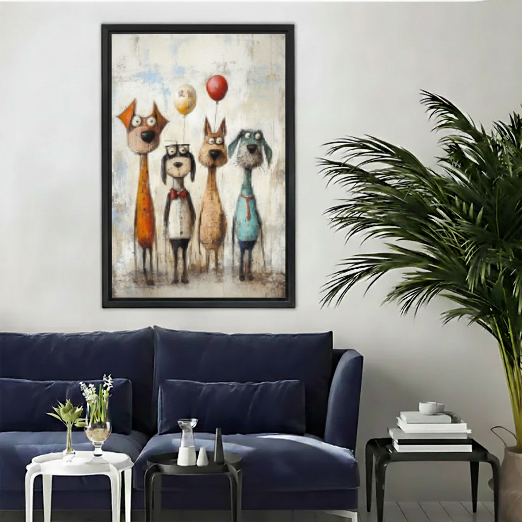 Whimsical Dog Gang Colorful Cartoon Wall Art Print l2023