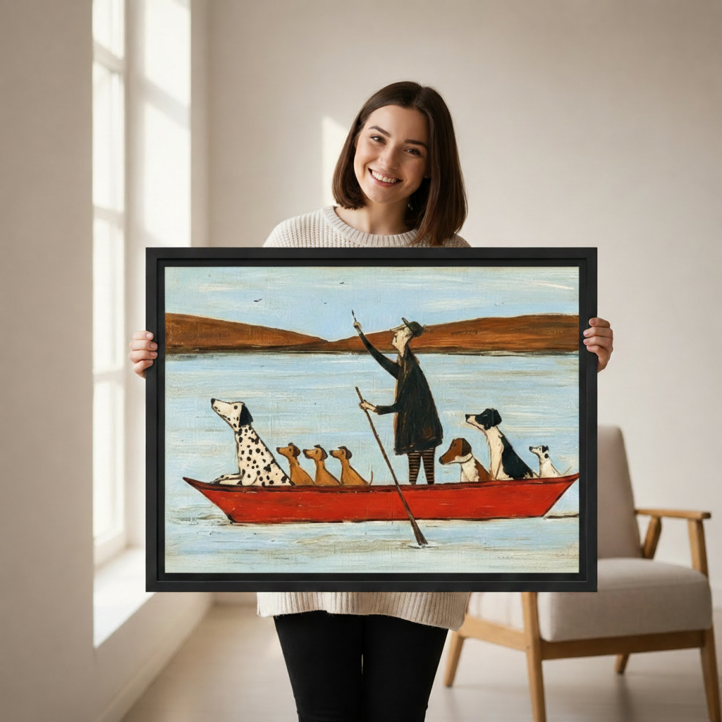 Woman holding framed folk art dogs on red boat canvas print — whimsical dog wall art for home decor