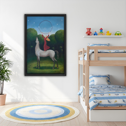 Storybook framed wall art print of girl on white horse, whimsical kids room decor