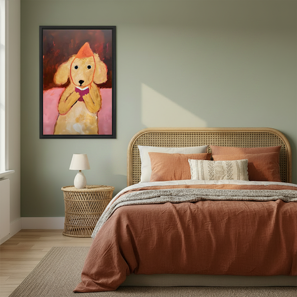 Whimsical golden dog wearing orange party hat holding heart framed canvas wall art above rattan bed in cozy boho bedroom
