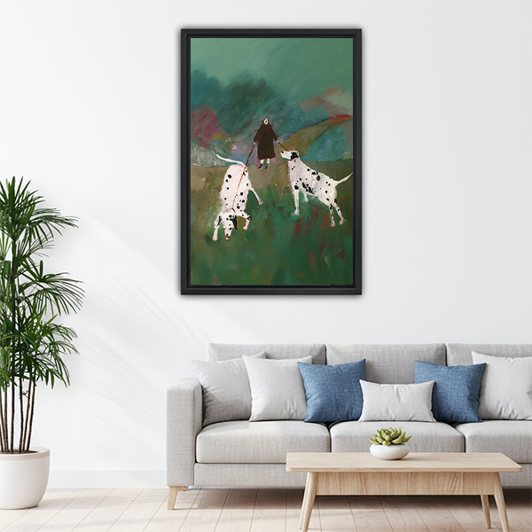 Woman walking two Dalmatians bold oil painting framed wall art in black frame above gray sofa with blue cushions and round wood coffee table