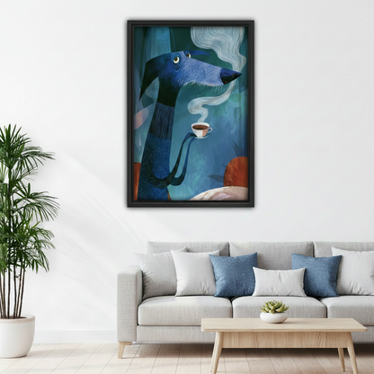 Blue dachshund framed art print above living room sofa — quirky dog wall decor for modern interiors