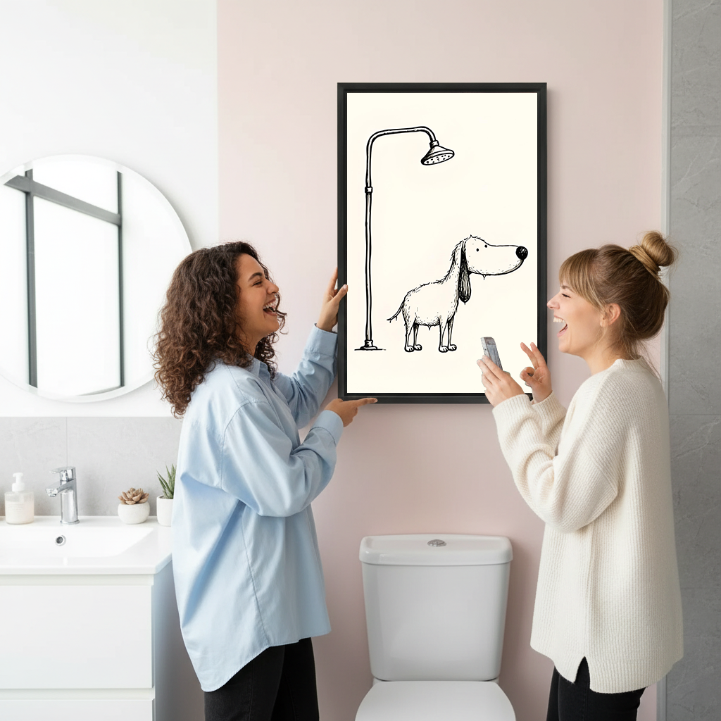 Whimsical dog shower canvas wall art in a black frame above a toilet against gray marble bathroom walls.