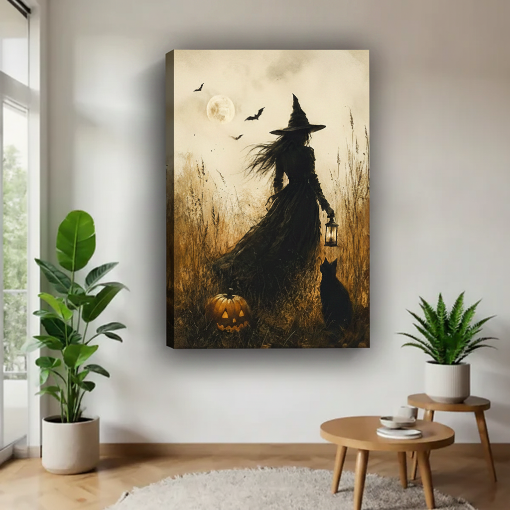 Unframed gothic witch canvas wall art gallery wrap, moody vintage witch pumpkin black cat print