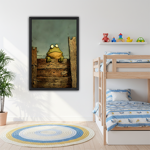 Quirky frog framed print in kids bedroom with bunk bed — playful animal wall art