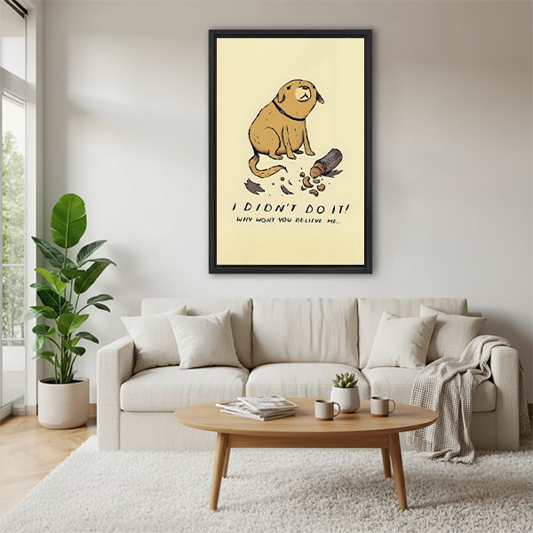 Funny cartoon dog I didn't do it framed canvas print above beige sofa – humorous dog wall art for living room