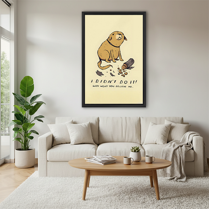 Funny cartoon dog I didn't do it framed canvas print above beige sofa – humorous dog wall art for living room
