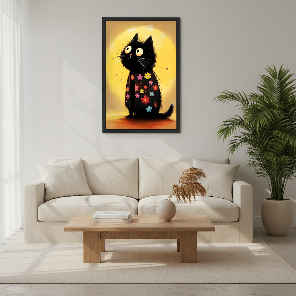 Floral black cat with colorful flowers and glowing yellow moon whimsical cartoon framed wall art hung on grey wall above cream sofa with round wooden coffee table and palm plant in modern living room