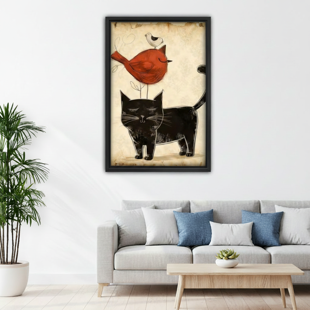 Whimsical black cat red bird framed canvas wall art above grey sofa, vintage illustration cat with stacked birds living room decor