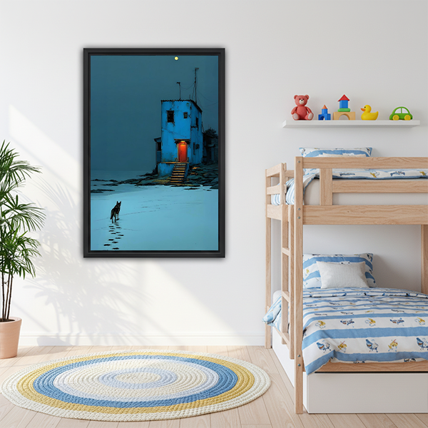 Blue night dog house red door framed wall art in kids bedroom nursery decor