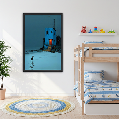 Blue night dog house red door framed wall art in kids bedroom nursery decor