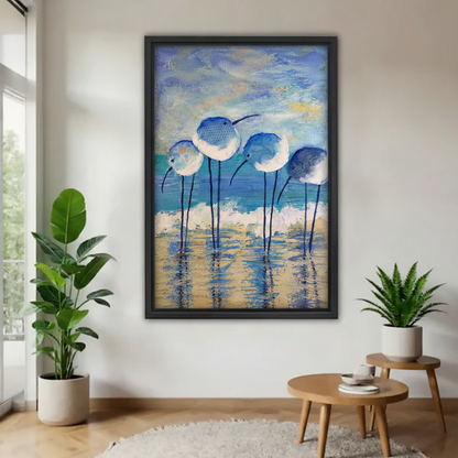 Beach shorebirds watercolor canvas wall art in black floater frame — coastal bird print for living room decor