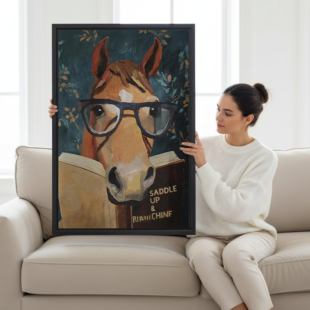 Reading horse canvas wall art featuring oversized glasses and an open book, black-framed above a white and gold desk.