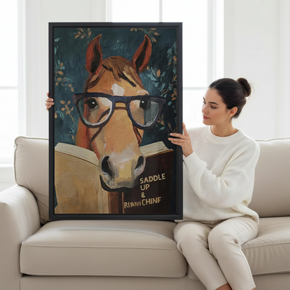 Reading horse canvas wall art featuring oversized glasses and an open book, black-framed above a white and gold desk.