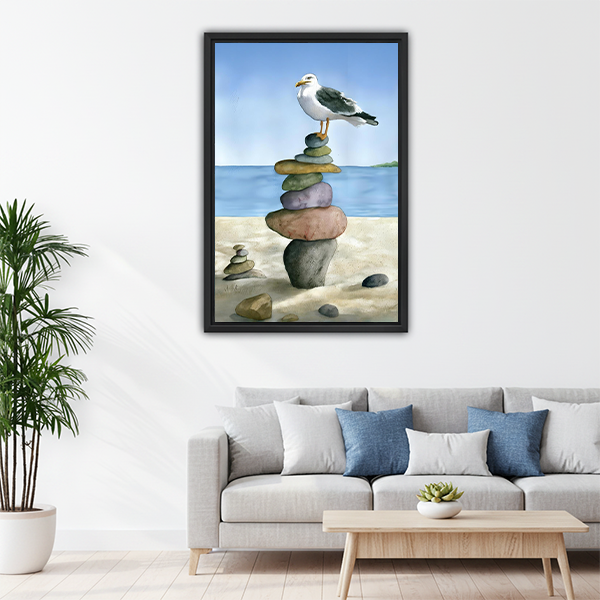 Coastal seagull stacked stones framed canvas wall art in kids bedroom, calming watercolor beach print for children's room