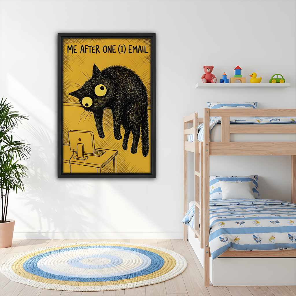 	Funny black cat meme framed print in kids bedroom – humorous yellow wall art decor