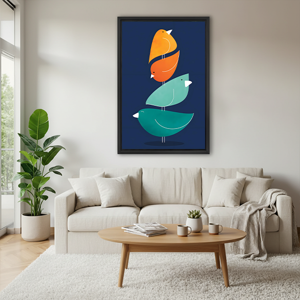 Mid-century modern birds framed wall art canvas print living room sofa decor teal orange navy