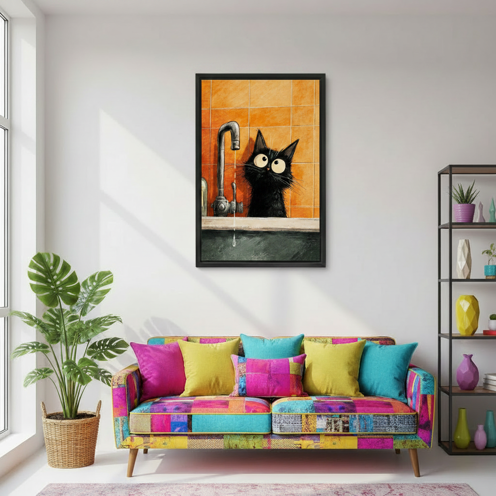 Funny Black Cat Bathroom Wall Art Canvas Print l2030