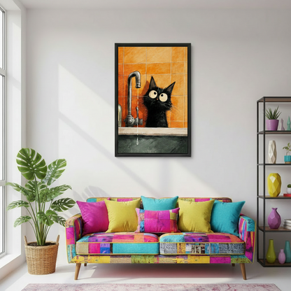 Funny Black Cat Bathroom Wall Art Canvas Print l2030