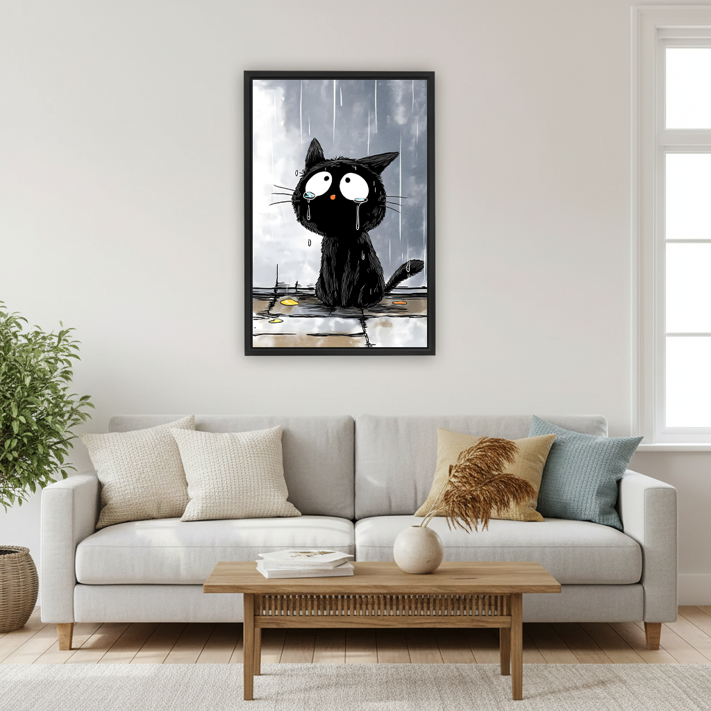 Sad soaking wet black cat standing in rain puddle with wide teary eyes and drooping whiskers under dark grey stormy sky funny cartoon line illustration style framed wall art hung on white wall above light grey sofa with cream linen and teal cushions wooden coffee table white ceramic vase with pampas grass and large fiddle leaf fig plant in Scandinavian living room