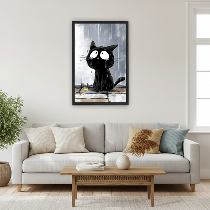 Sad soaking wet black cat standing in rain puddle with wide teary eyes and drooping whiskers under dark grey stormy sky funny cartoon line illustration style framed wall art hung on white wall above light grey sofa with cream linen and teal cushions wooden coffee table white ceramic vase with pampas grass and large fiddle leaf fig plant in Scandinavian living room