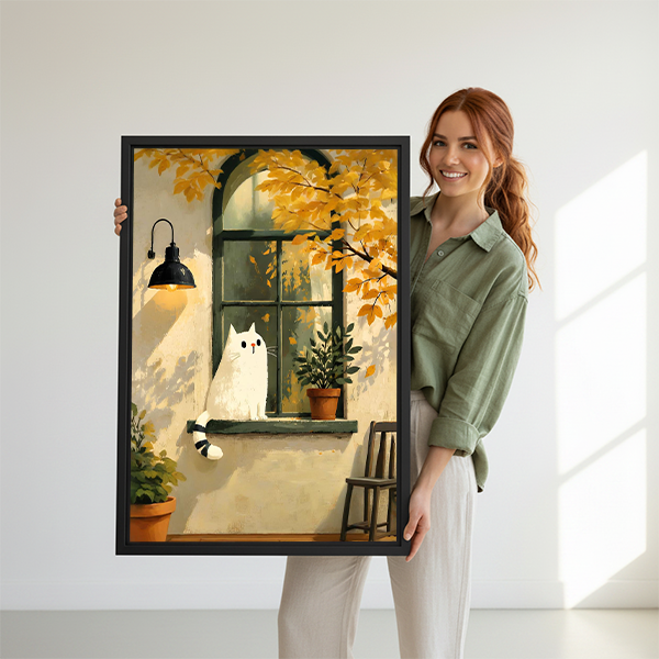 Woman holding cozy autumn white cat canvas wall art showing a white cat on a sunlit window ledge