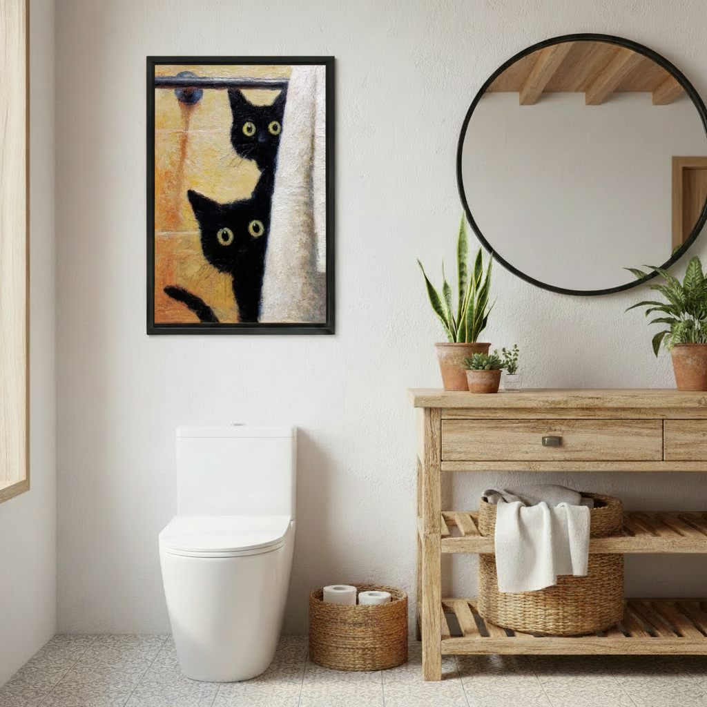 Whimsical black cats peeking shower curtain framed wall art, oil-paint style cat print, black frame displayed above toilet in rustic wood bathroom with round mirror