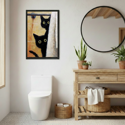 Whimsical black cats peeking shower curtain framed wall art, oil-paint style cat print, black frame displayed above toilet in rustic wood bathroom with round mirror