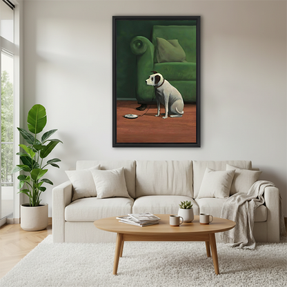 Dog loyalty wall art print displayed above a white sofa in a modern living room setting