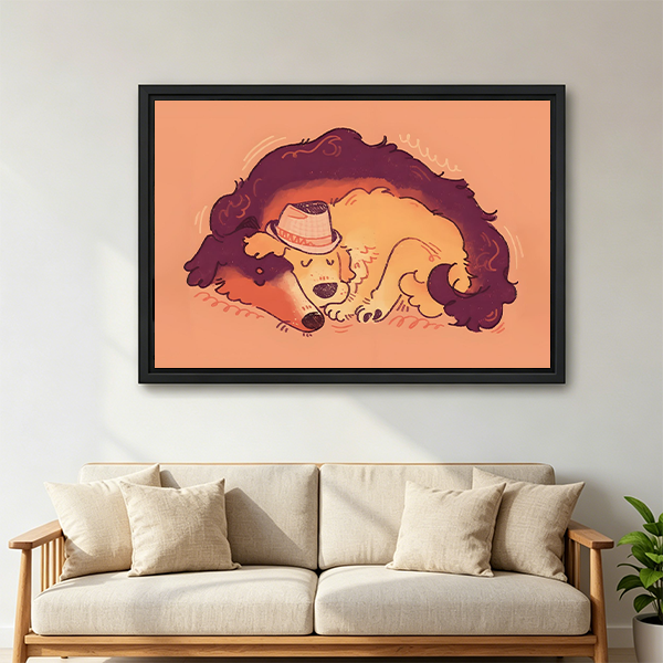 Cute Sleeping Dog Hat Cartoon Framed Wall Art Above Sofa Living Room Decor