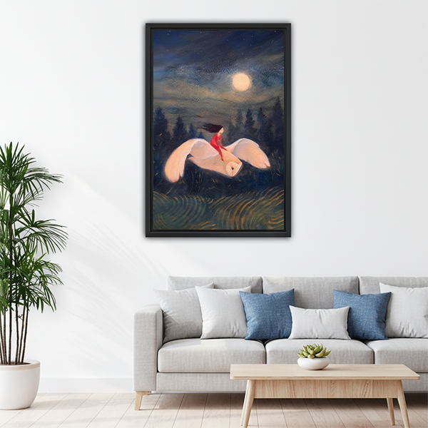 Magical girl on white bird moonlight framed canvas wall art above sofa, whimsical fantasy painting for living room decor
