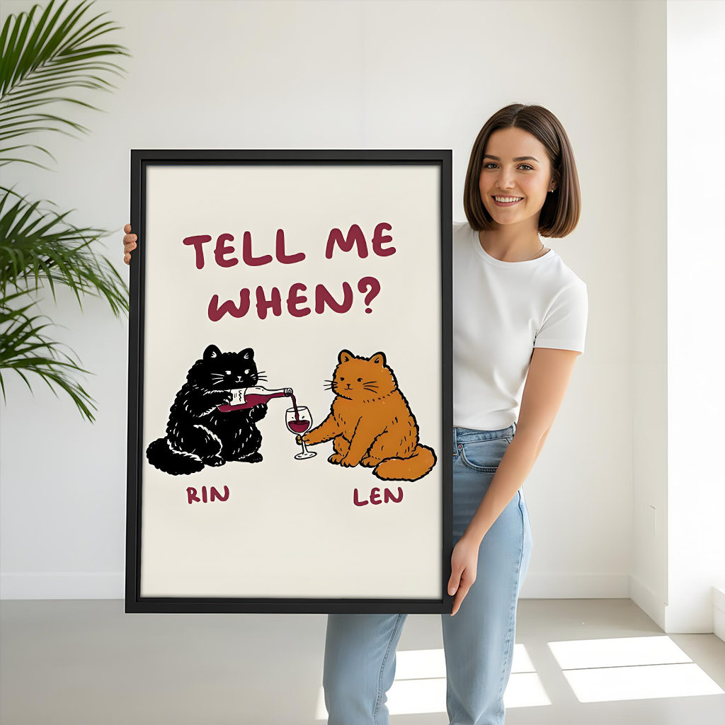 Woman holding funny cat wine art framed print tell me when