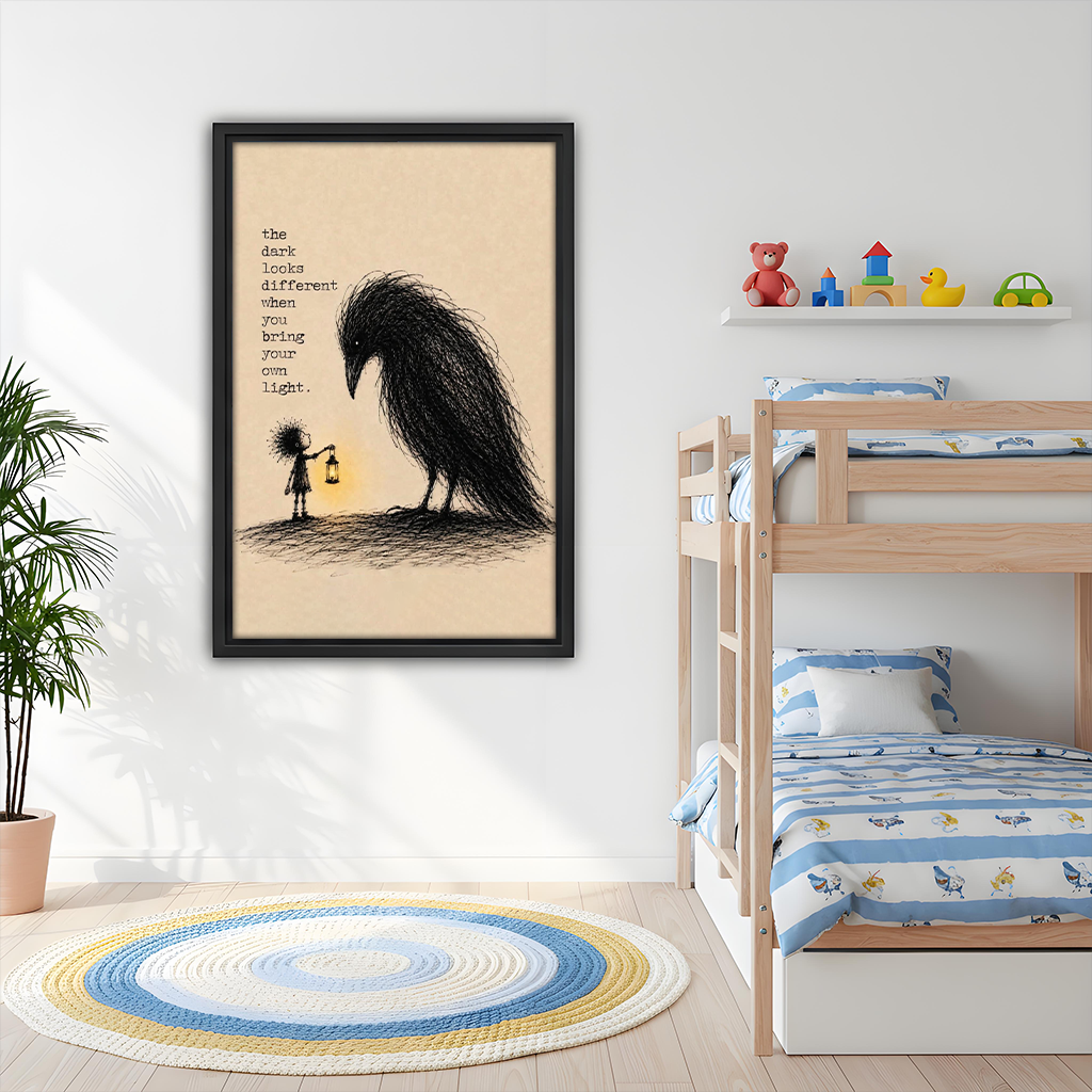 Inspirational bring your own light framed wall art in kids bedroom above bunk bed, emotional quote decor