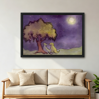 Romantic dogs under tree framed canvas wall art above sofa – moonlight watercolor print for living room