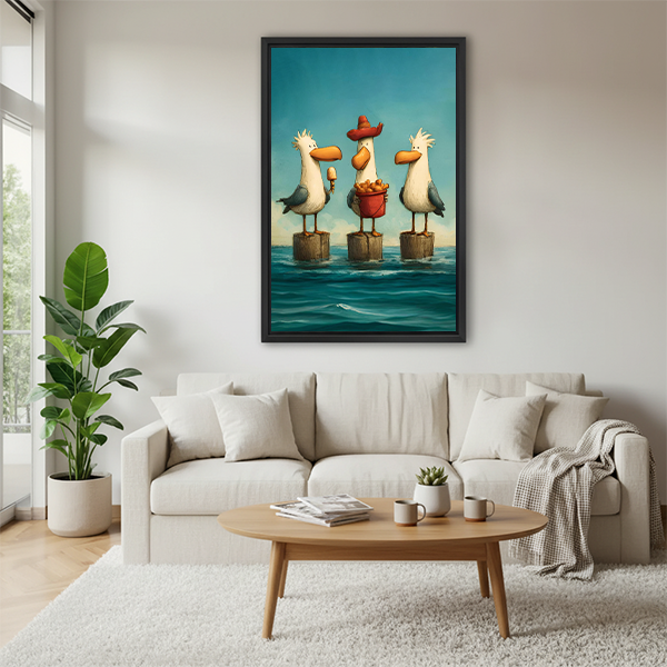 Whimsical seagulls framed wall art canvas print living room sofa decor funny coastal