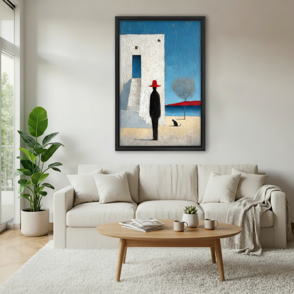 Abstract figurative framed canvas print with red hat figure and black cat in modern living room