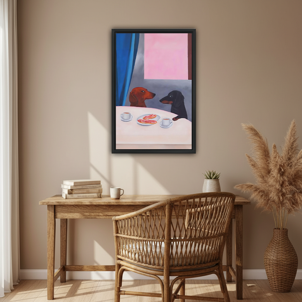 Cute dachshund date oil painting canvas art in black frame above rustic wooden desk with rattan chair and pampas grass