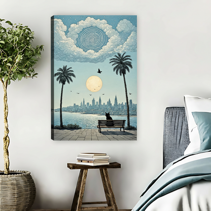 Black Cat City Moon Night Framed Canvas Wall Art| Liberty Signs #L1632